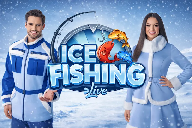 Ice Fishing της Evolution Gaming σε αρκτικό στούντιο με παγωμένο σκηνικό και τροχό 53 τμημάτων